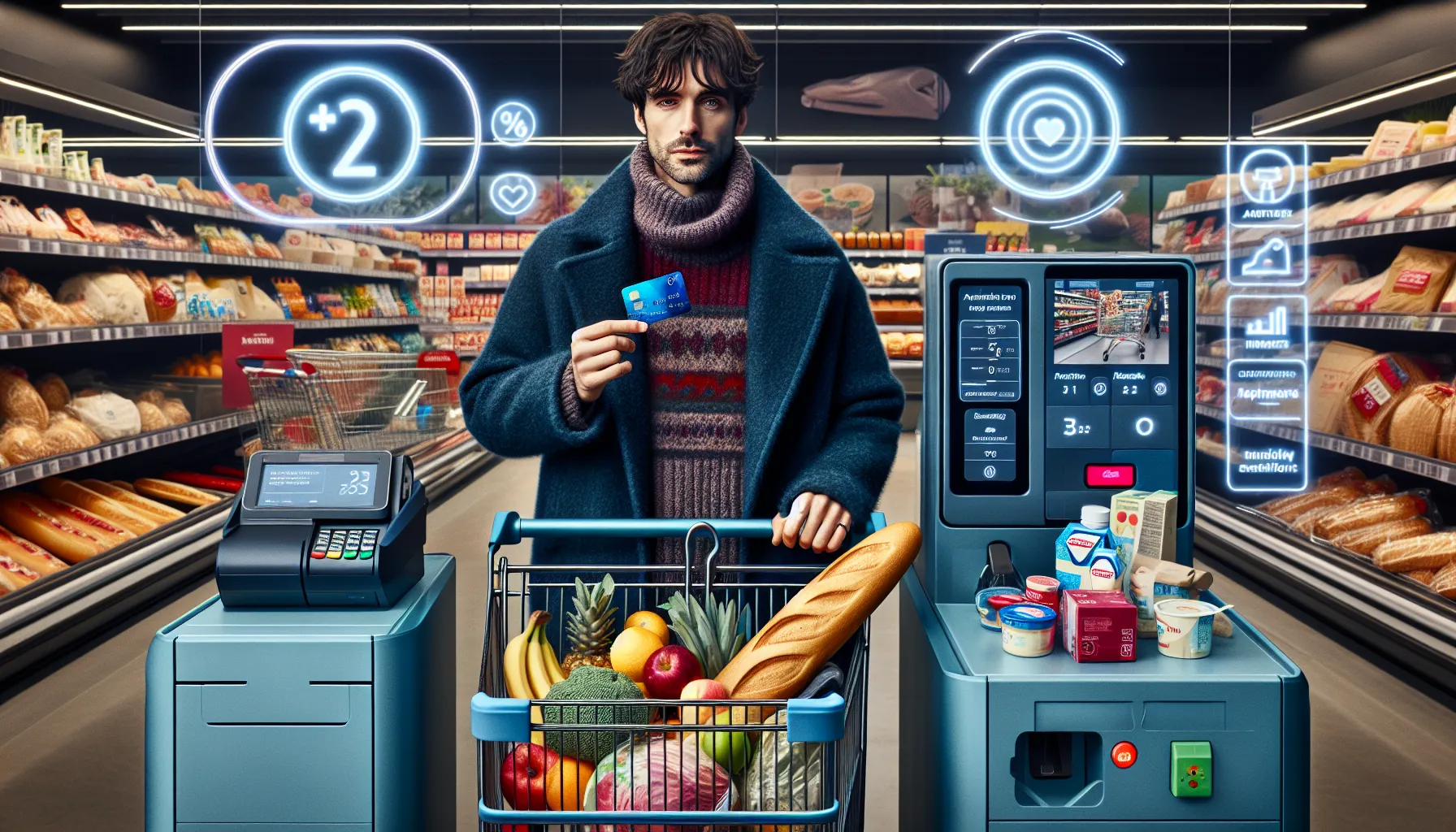 Hvordan bruke kredittkort for å tjene cashback på dagligvarer 3 Norwegian shopper paying for groceries with a credit card, weighing cashback versus costs.