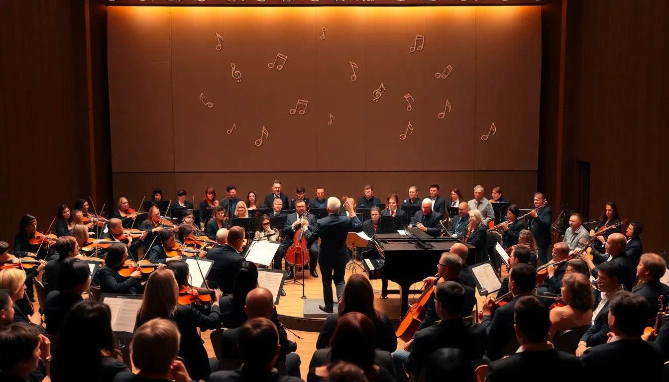 diverse orchestra performing classical music in a modern theater.