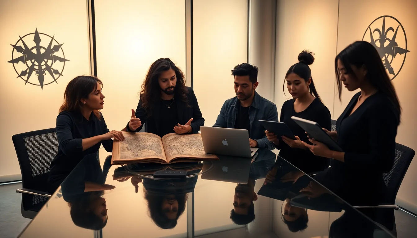 diverse team of daemonhunters collaborating in a modern office.