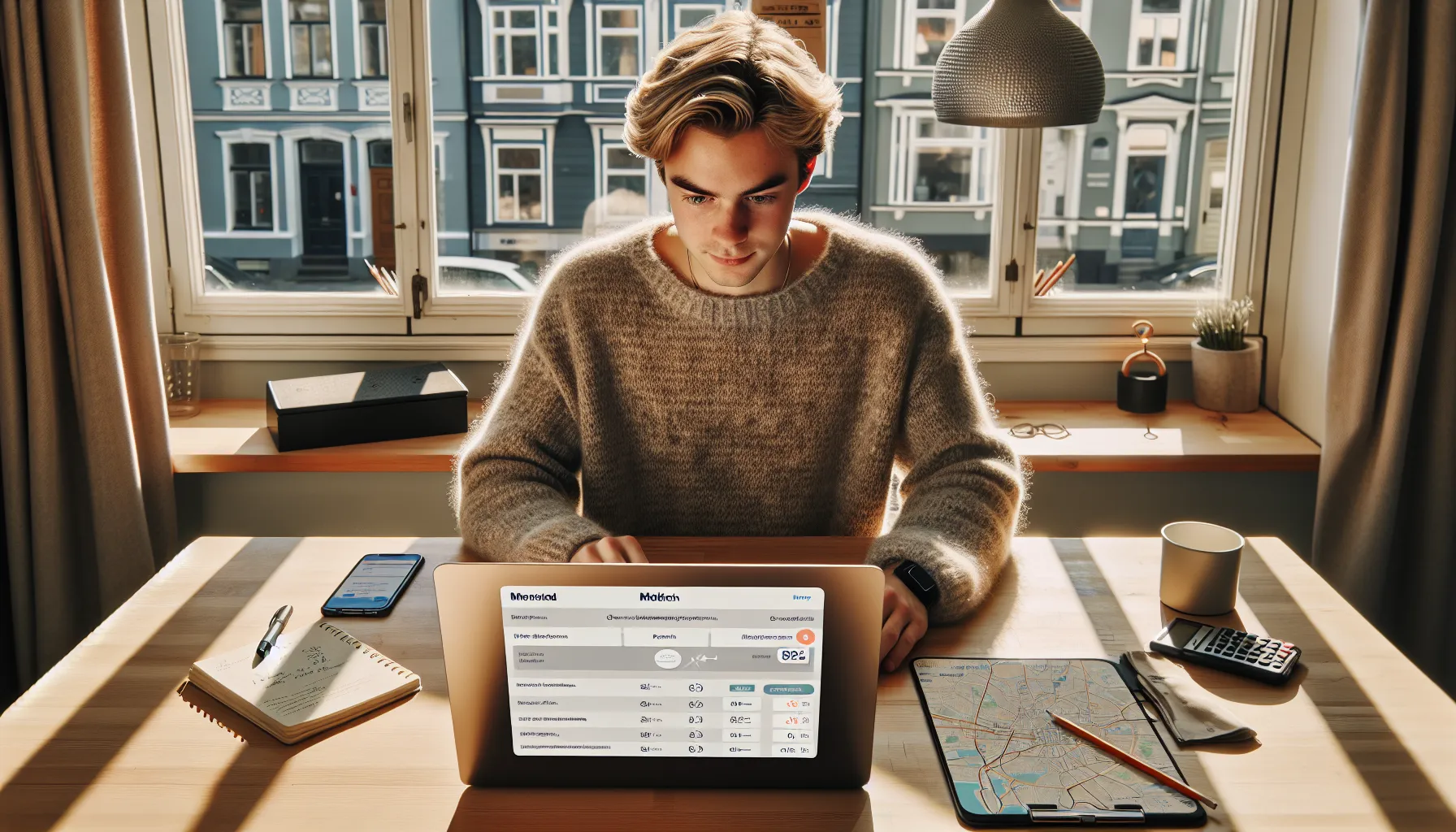 Hvordan bruke teknologi for å finne drømmeboligen 2 Norwegian homebuyer uses laptop tools to rank needs and calculate housing budget.