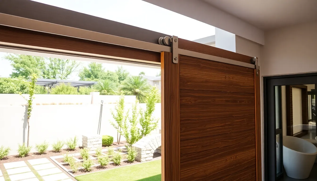 exterior sliding barn door with sleek modern hardware in a garden setting.