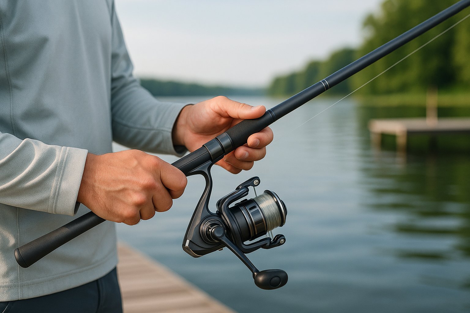 Balanced fishing rod and reel combo held by angler near a lake dock.