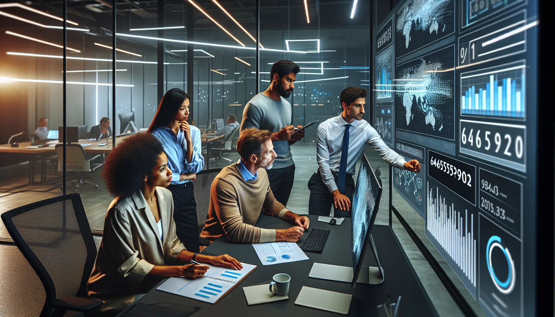 diverse team analyzing data in a modern office.