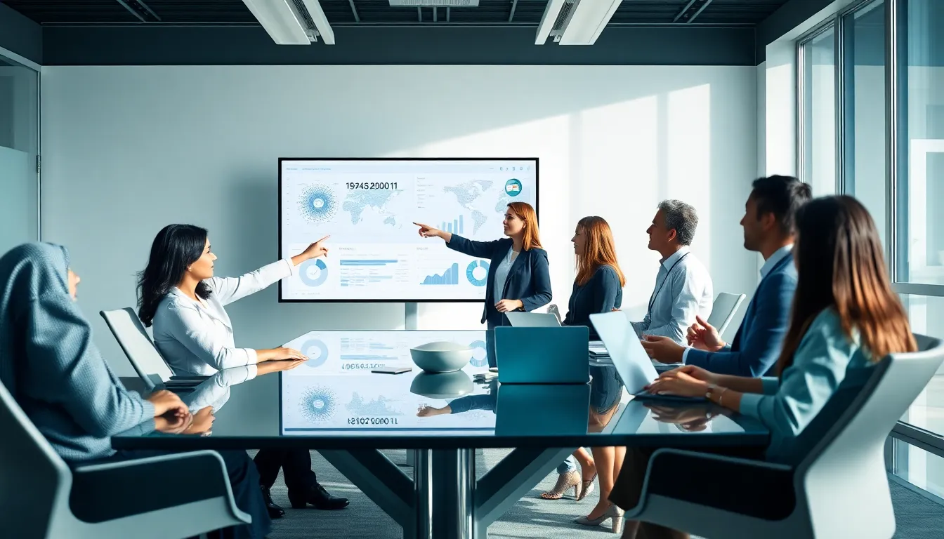 diverse professionals collaborating over data in a modern office.