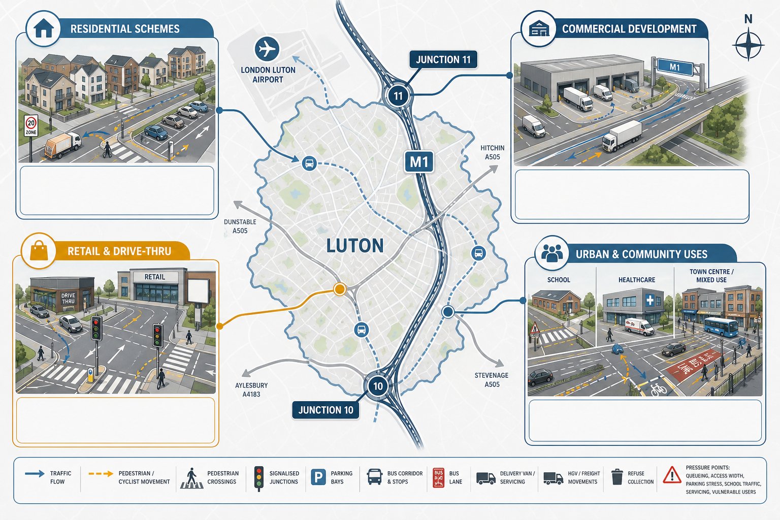 Infographic of Luton developments needing transport engineering review and traffic impact analysis.