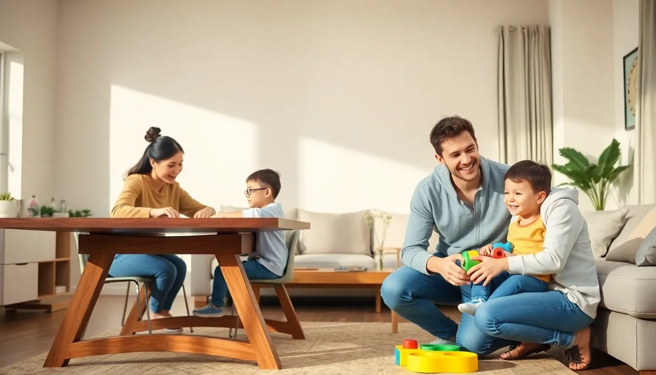 depiction of contrasting parenting styles in a modern family living room.