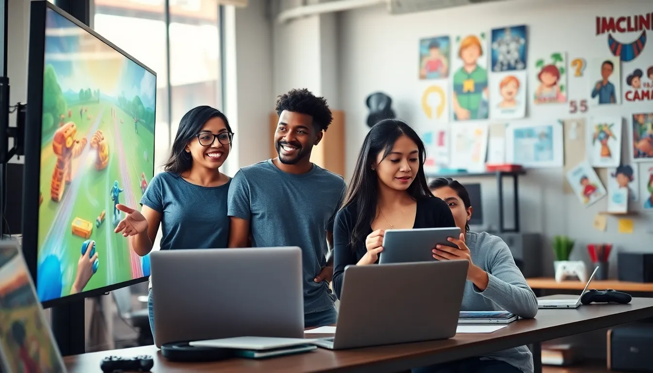 diverse game developers working in a colorful design studio.