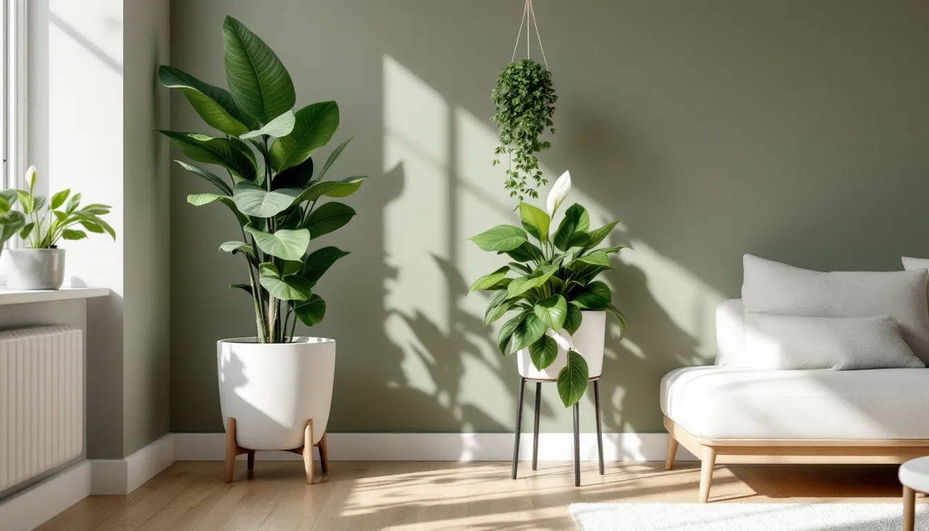 Air-purifying houseplants including snake plant, peace lily, and spider plant in a sunlit living room.