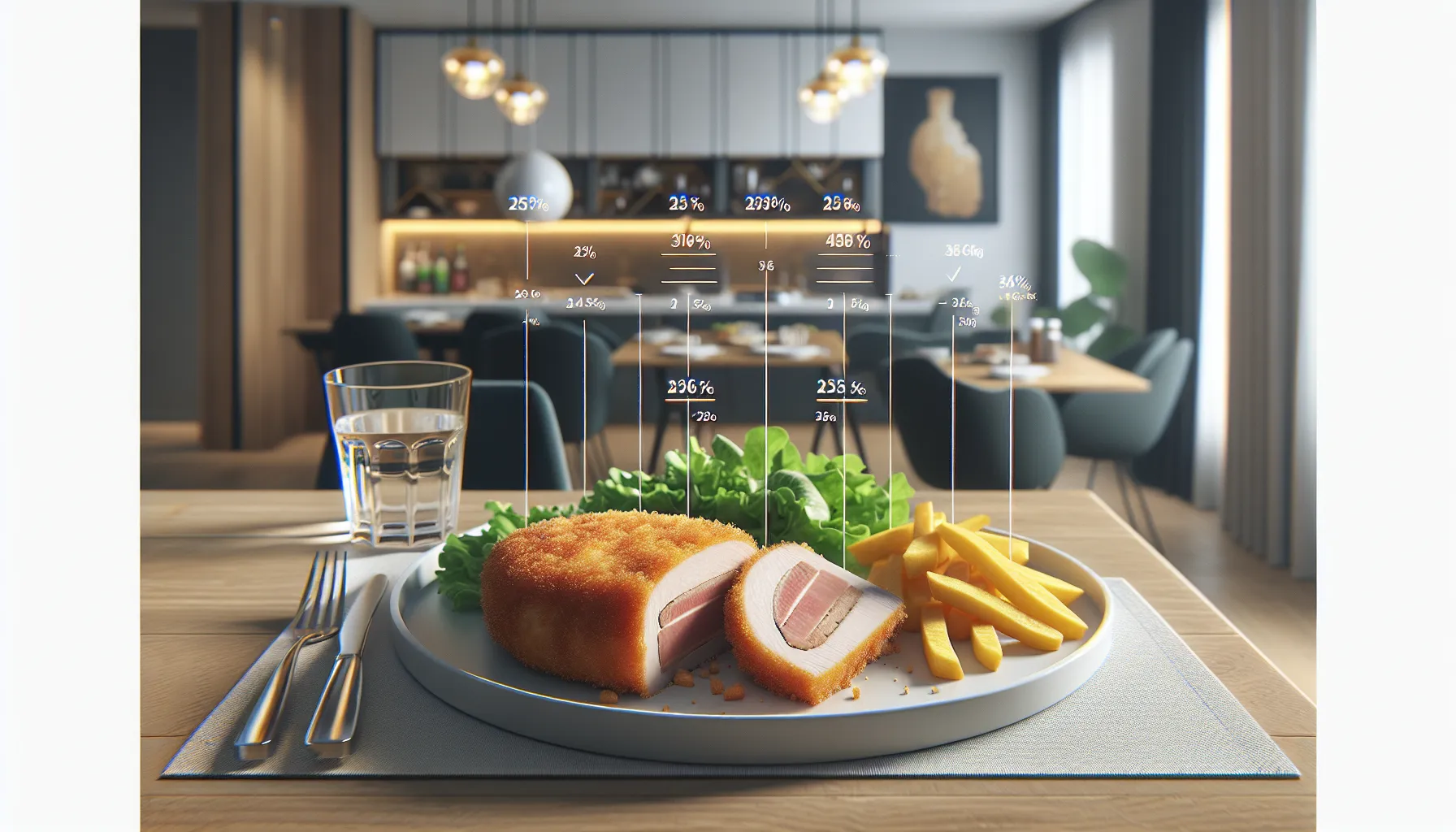 Zagrebački odrezak on a plate with salad, fries, and nutrition info overlay.