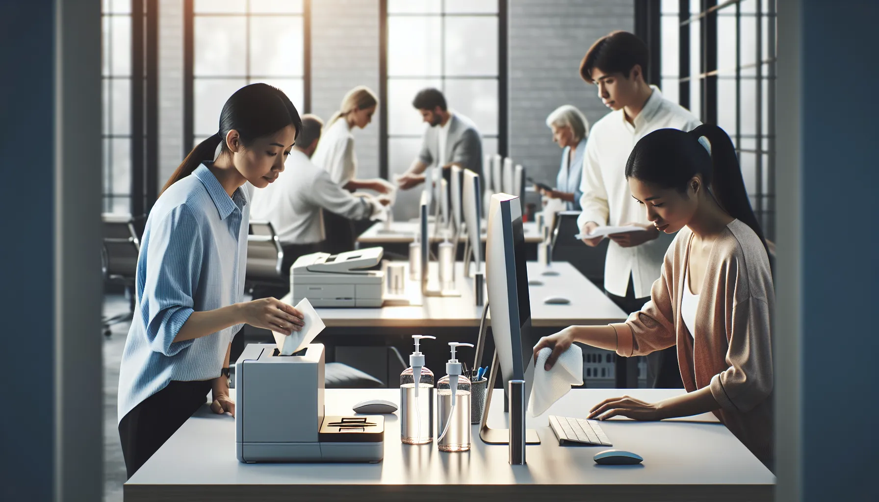 Professionals cleaning shared office equipment in a modern workspace.