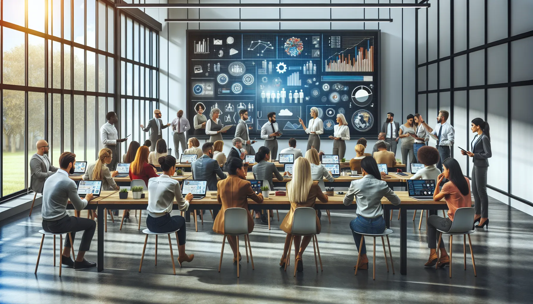 diverse group collaborating in a modern classroom setting.