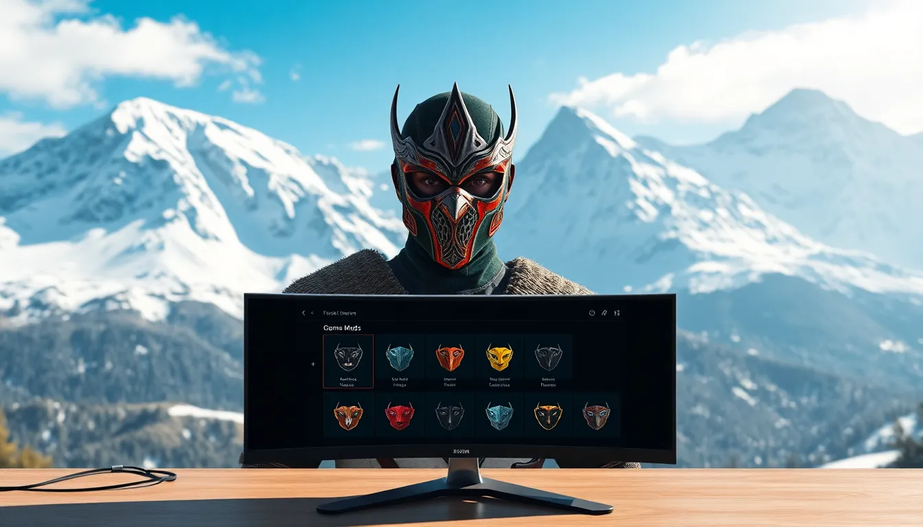 Skyrim character with a unique face mask against a snowy mountain backdrop.