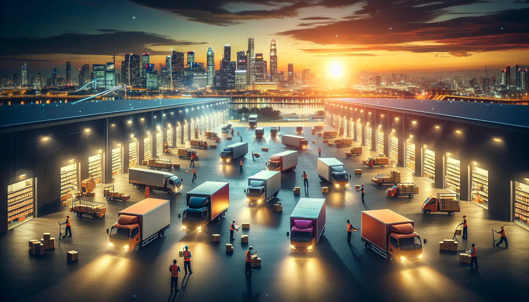 UPS and FedEx trucks at a logistics hub during sunset with active package handling.