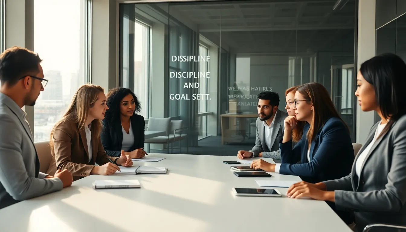 diverse team discussing discipline in a modern office.