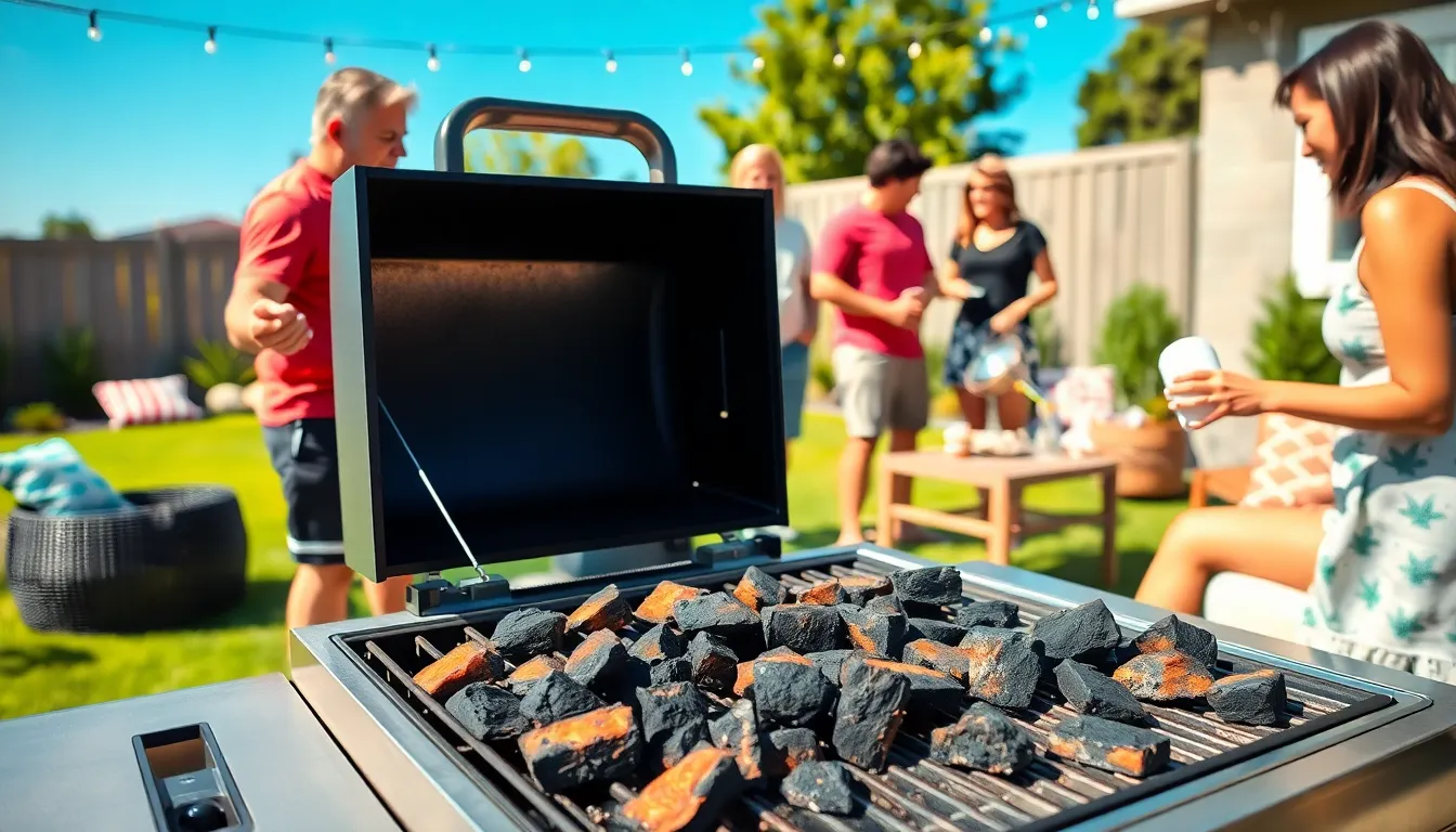 Group grilling outdoors with charcoal, avoiding lighter fluid.