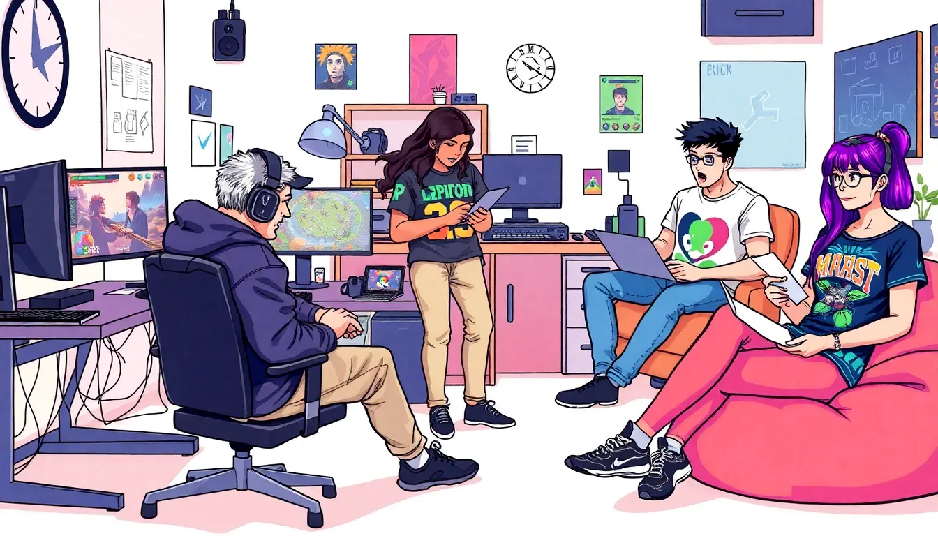 a diverse group of passionate gamers collaborating in a vibrant workspace.