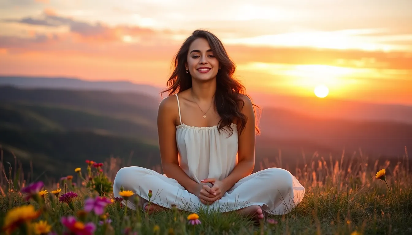 A young woman meditating on a hillside at sunset, embodying inner strength.