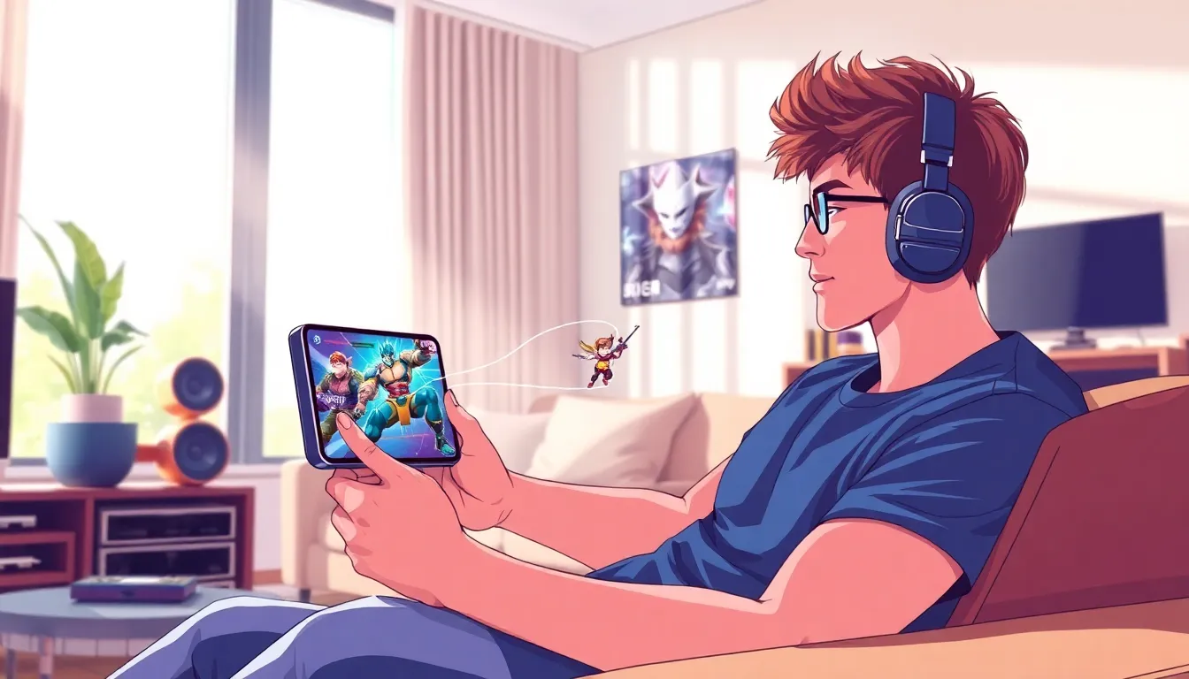 A player enjoying Valorant Mobile on a smartphone in a modern living room.