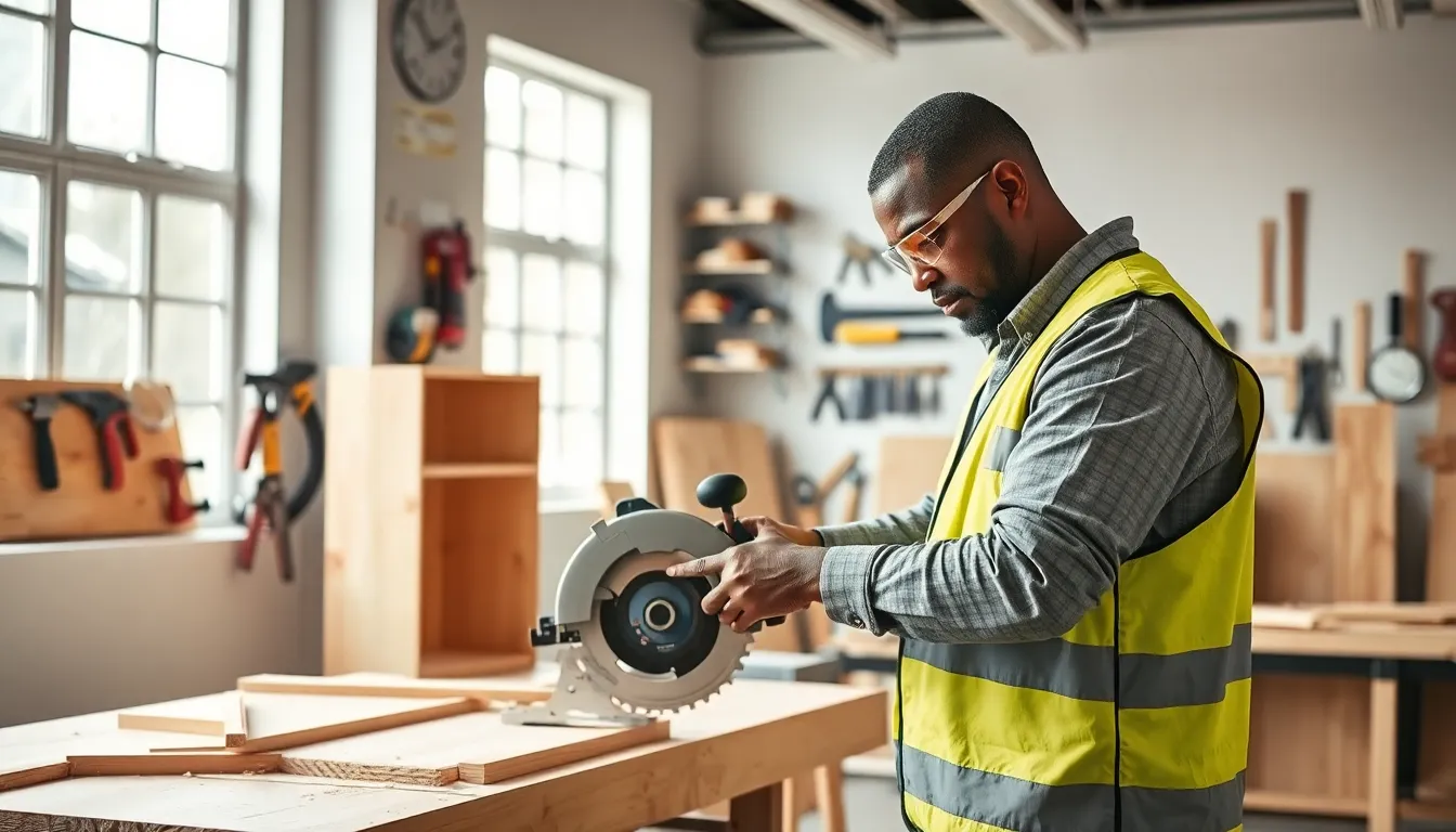 carpenter working on wooden moldings in a modern workshop.