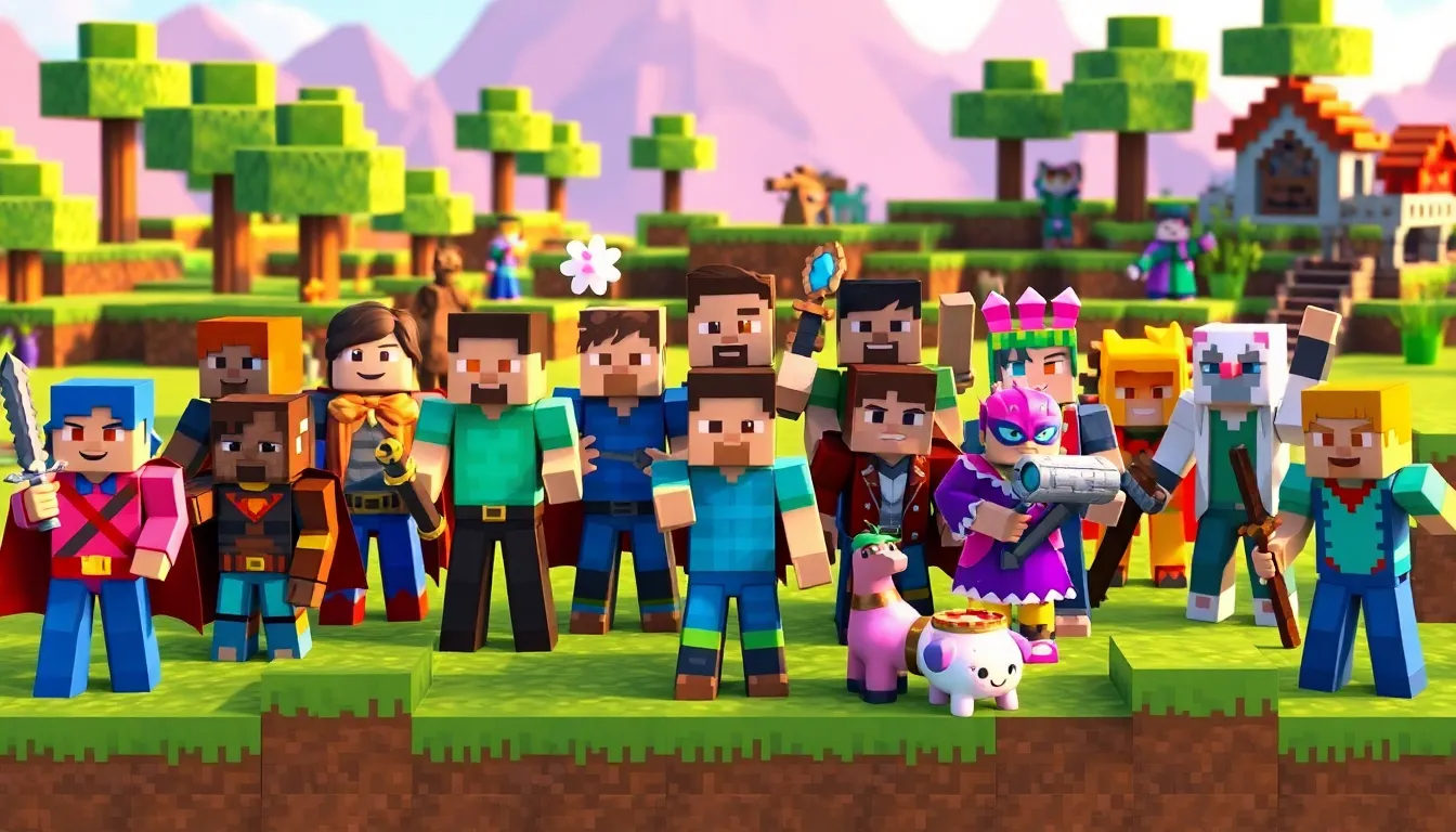 Various Minecraft skins displayed on character models in a colorful environment.