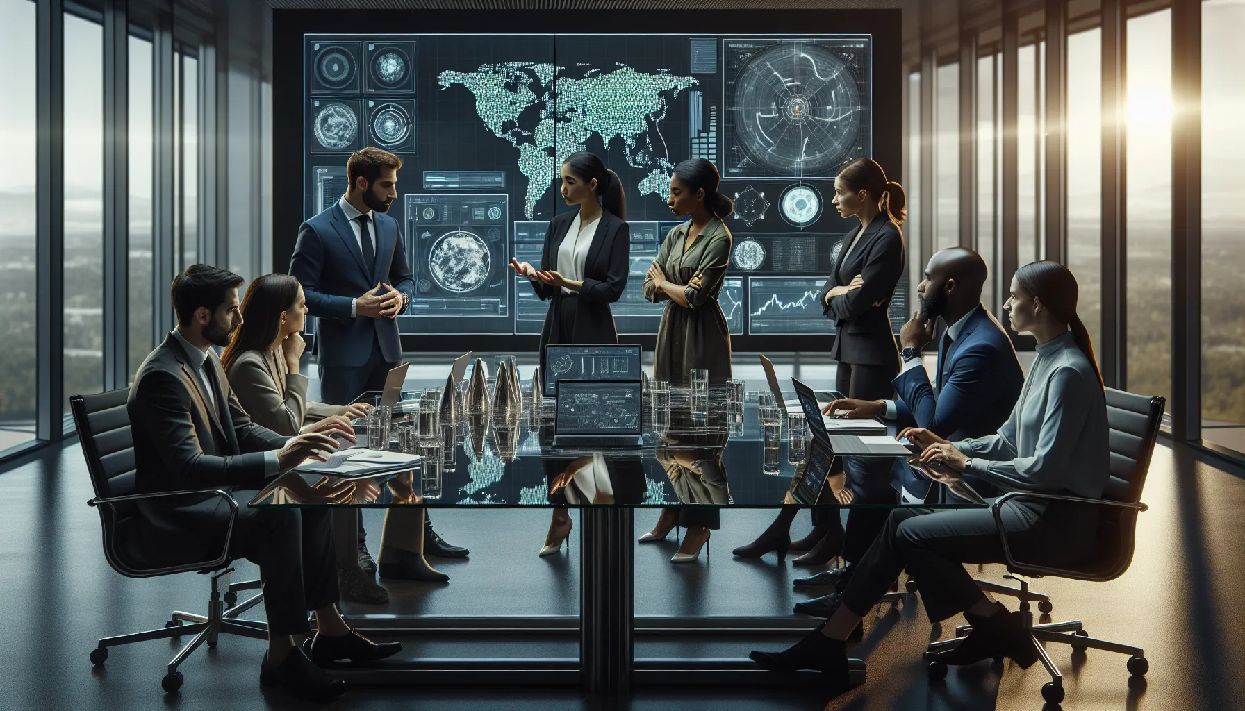 diverse team collaborating on nuclear detection strategies in a modern office.