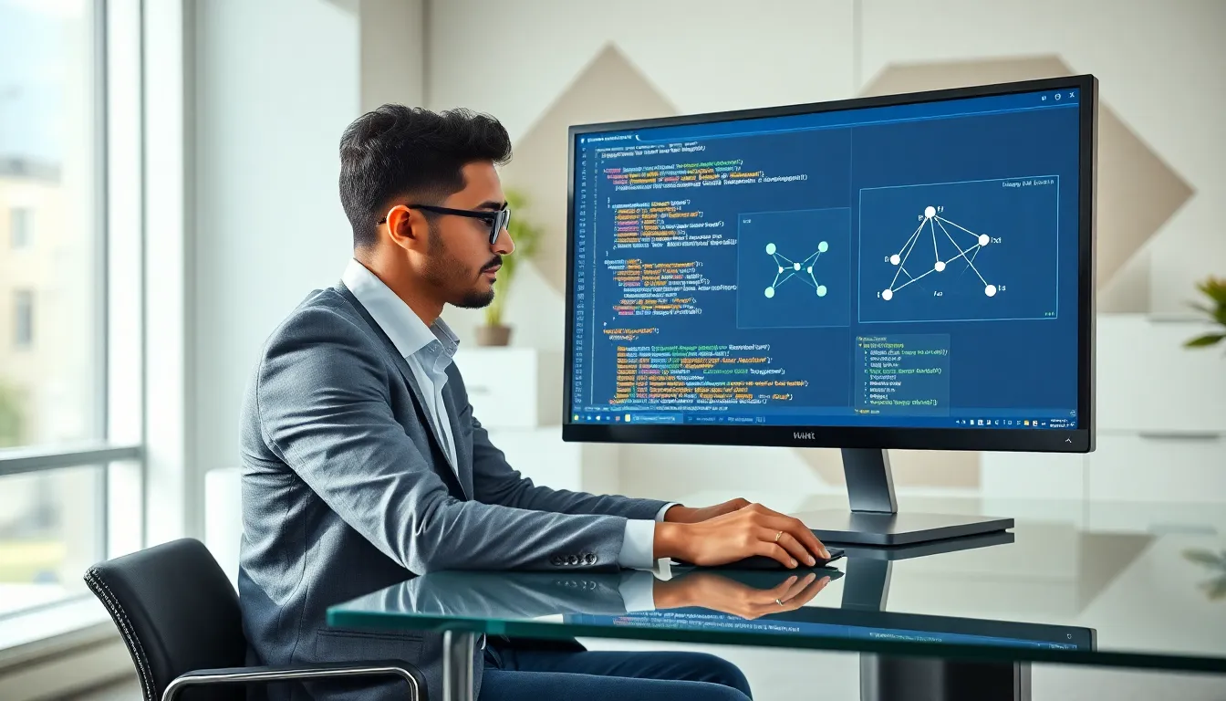 programmer coding breadth-first search algorithm in a modern office