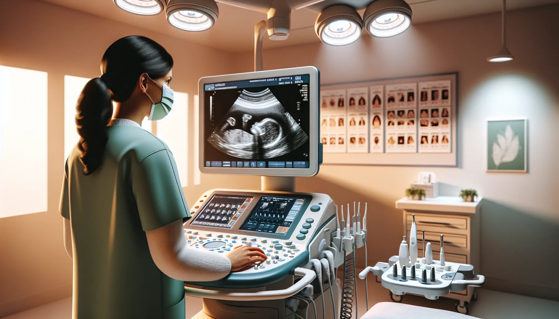 a technician analyzing a 12-week ultrasound image in a clinic.
