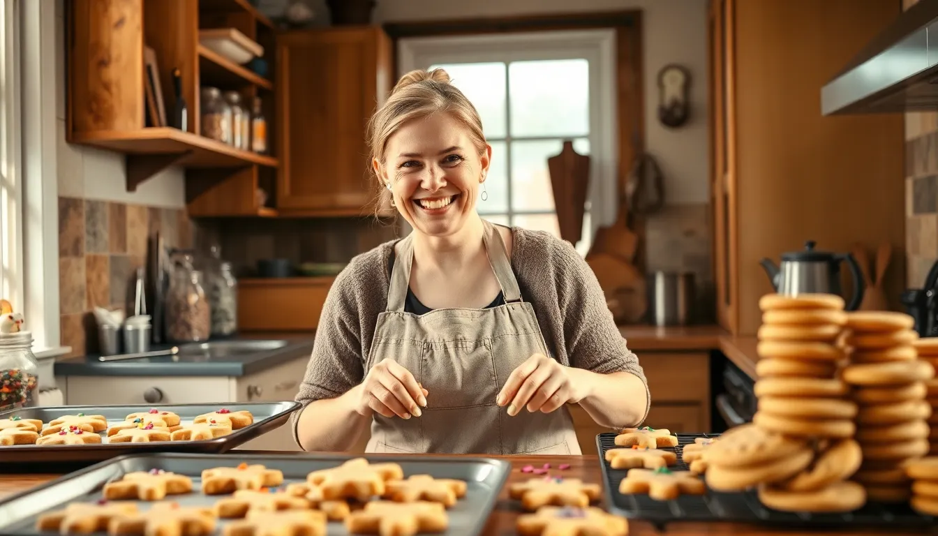 a baker joyfully decorating cookies in a sunlit kitchen.