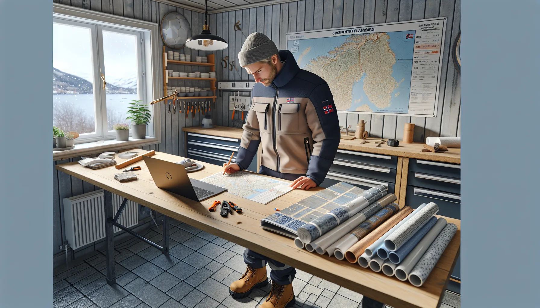 Norwegian tradesperson planning niche and service area in a tidy workshop.