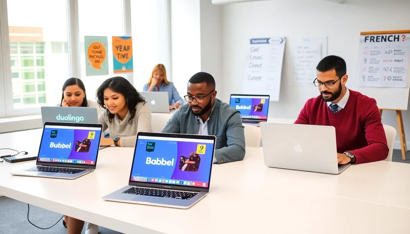 diverse group engaged in French language learning in a modern office.