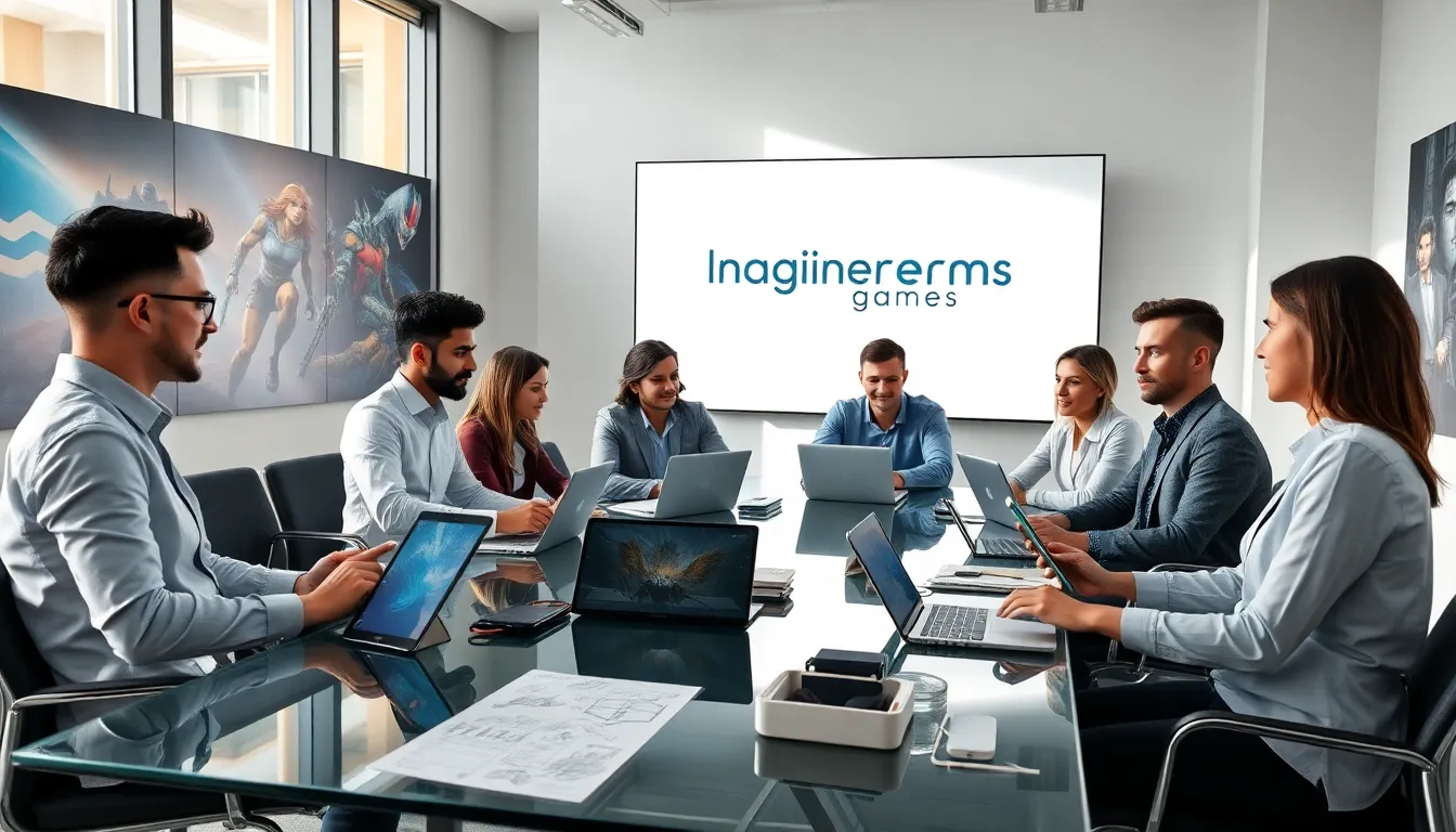 diverse team collaborating in a bright office at Imagineergames.