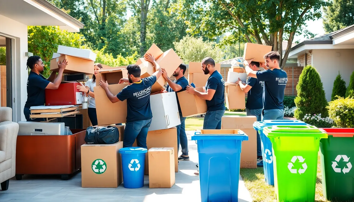 diverse junk removal team working in a residential setting.