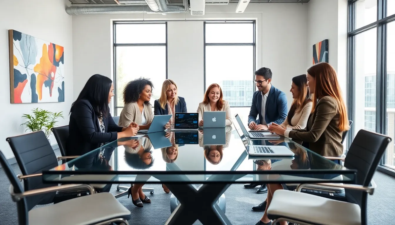 diverse team collaborating in a modern office setting.