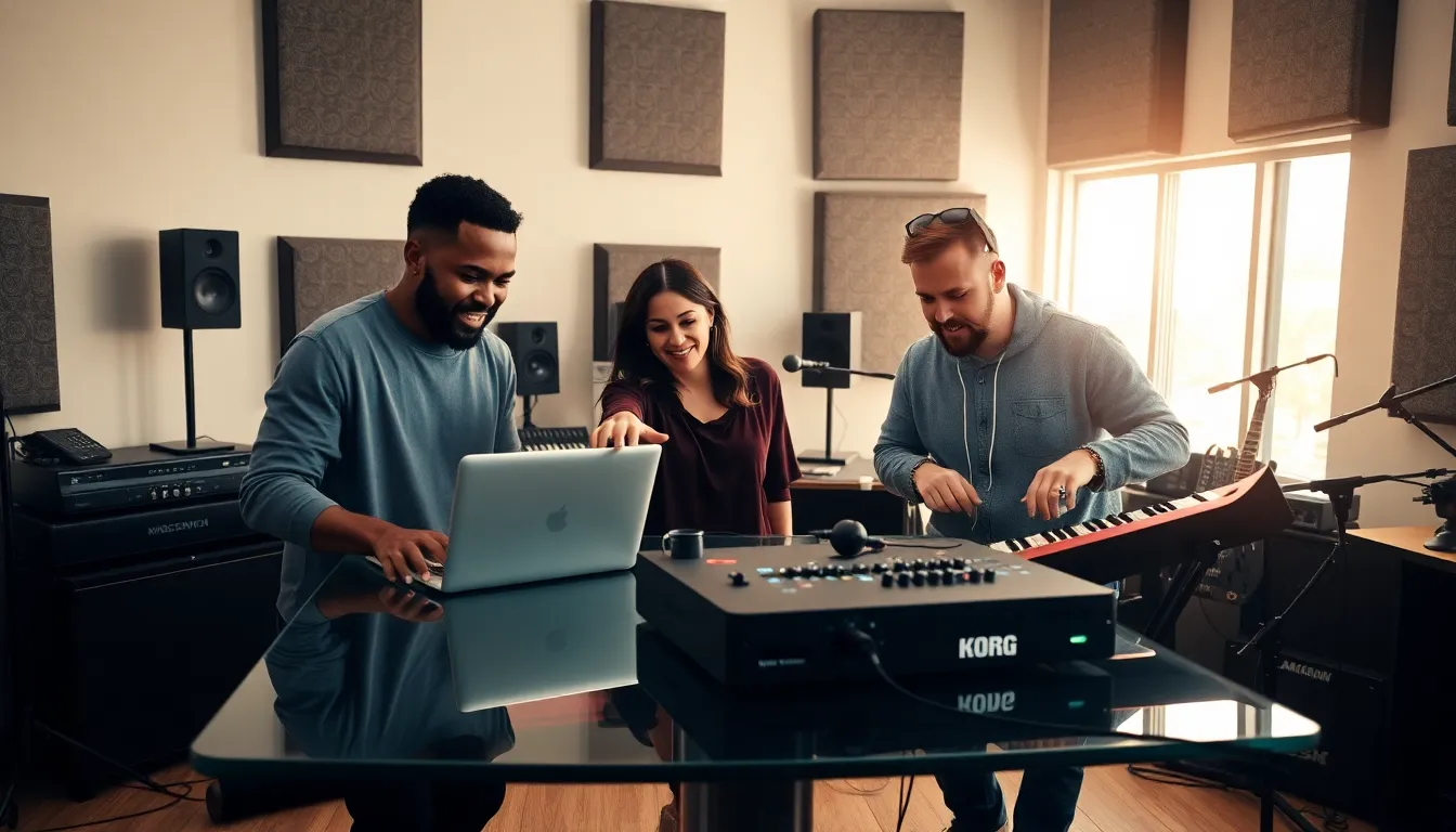 musicians collaborating in a modern studio with Korg Gadget Switch.