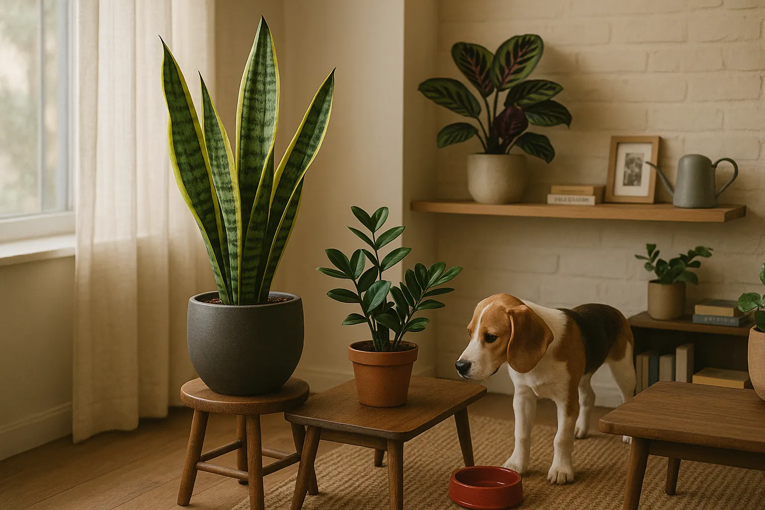 Snake plant, ZZ plant, and Calathea in a pet-friendly north-facing apartment corner.