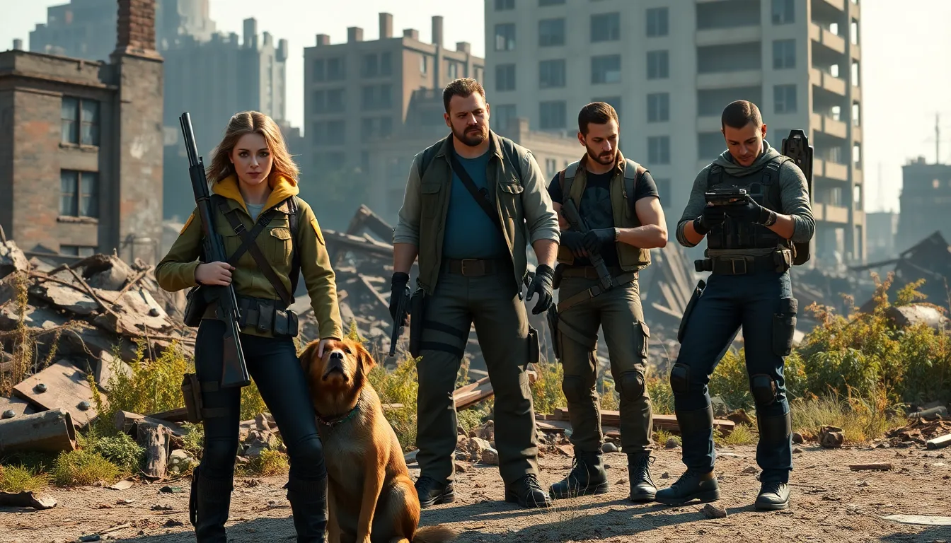 diverse companions in a post-apocalyptic Boston landscape.