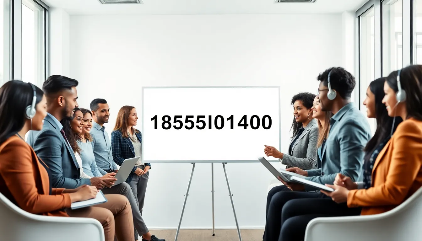 diverse team discussing a toll-free number in a modern office.