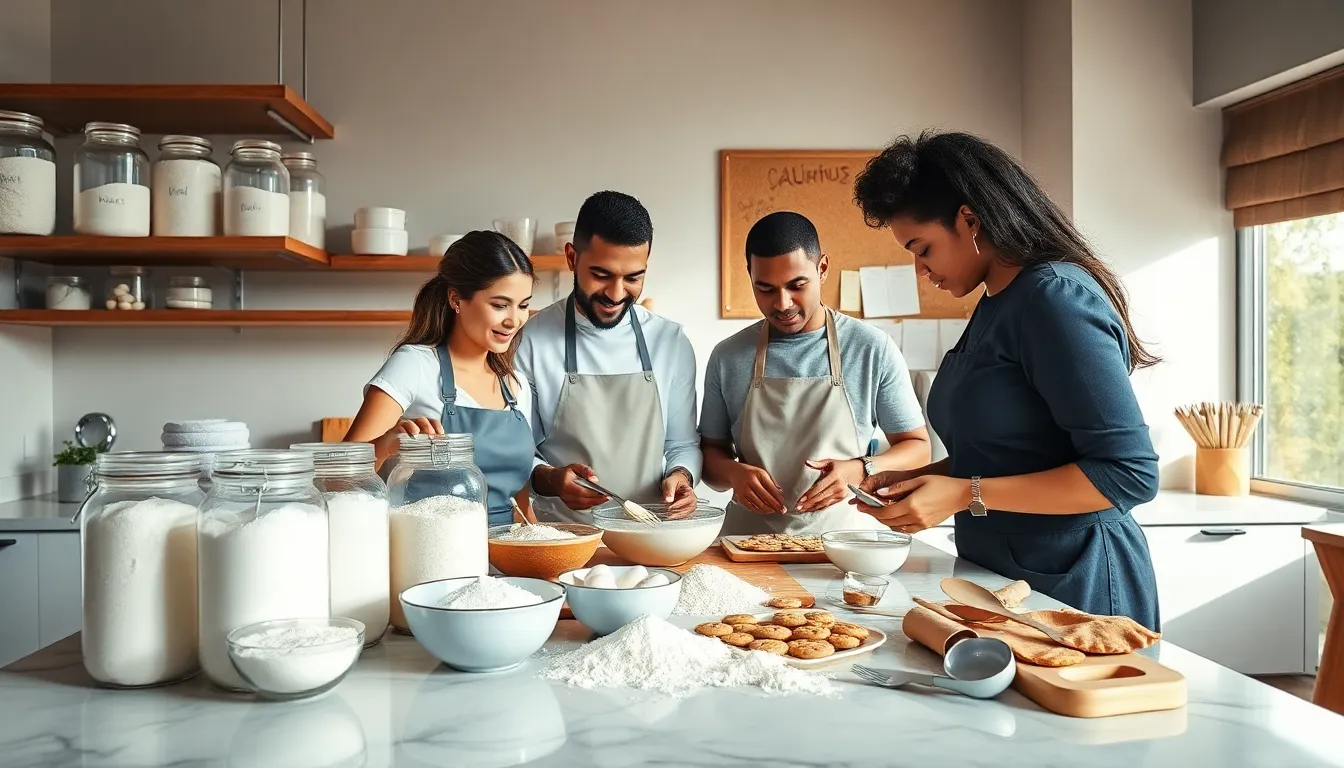 diverse bakers collaborating in a modern kitchen with various flours.