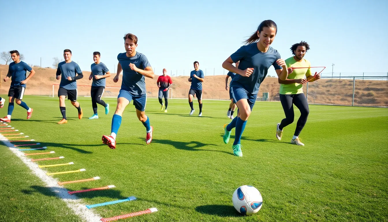 diverse athletes training for soccer fitness on a grass field.