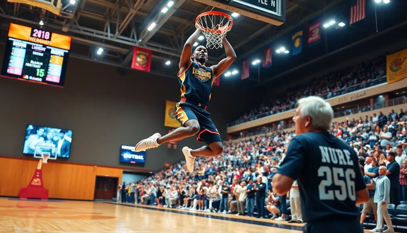 Neldanos dunking in a basketball arena, with Kimsel engaging fans nearby.