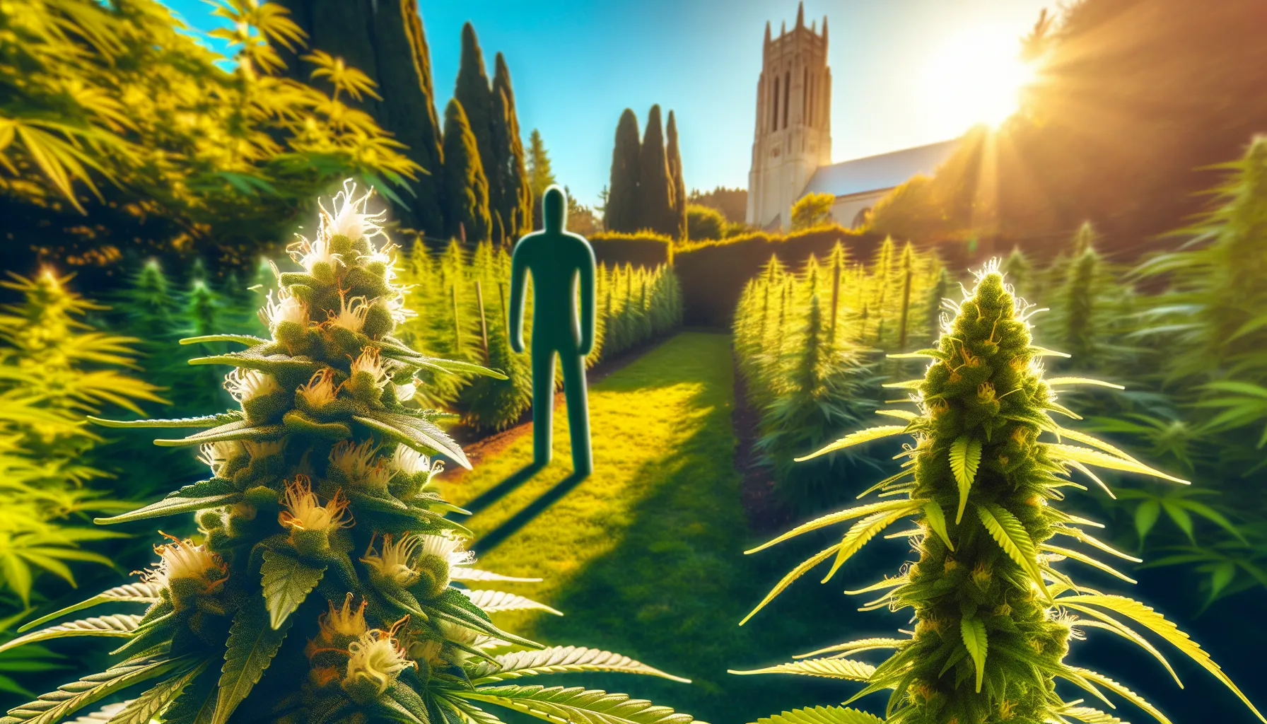 close-up of male and female cannabis plants in a garden.