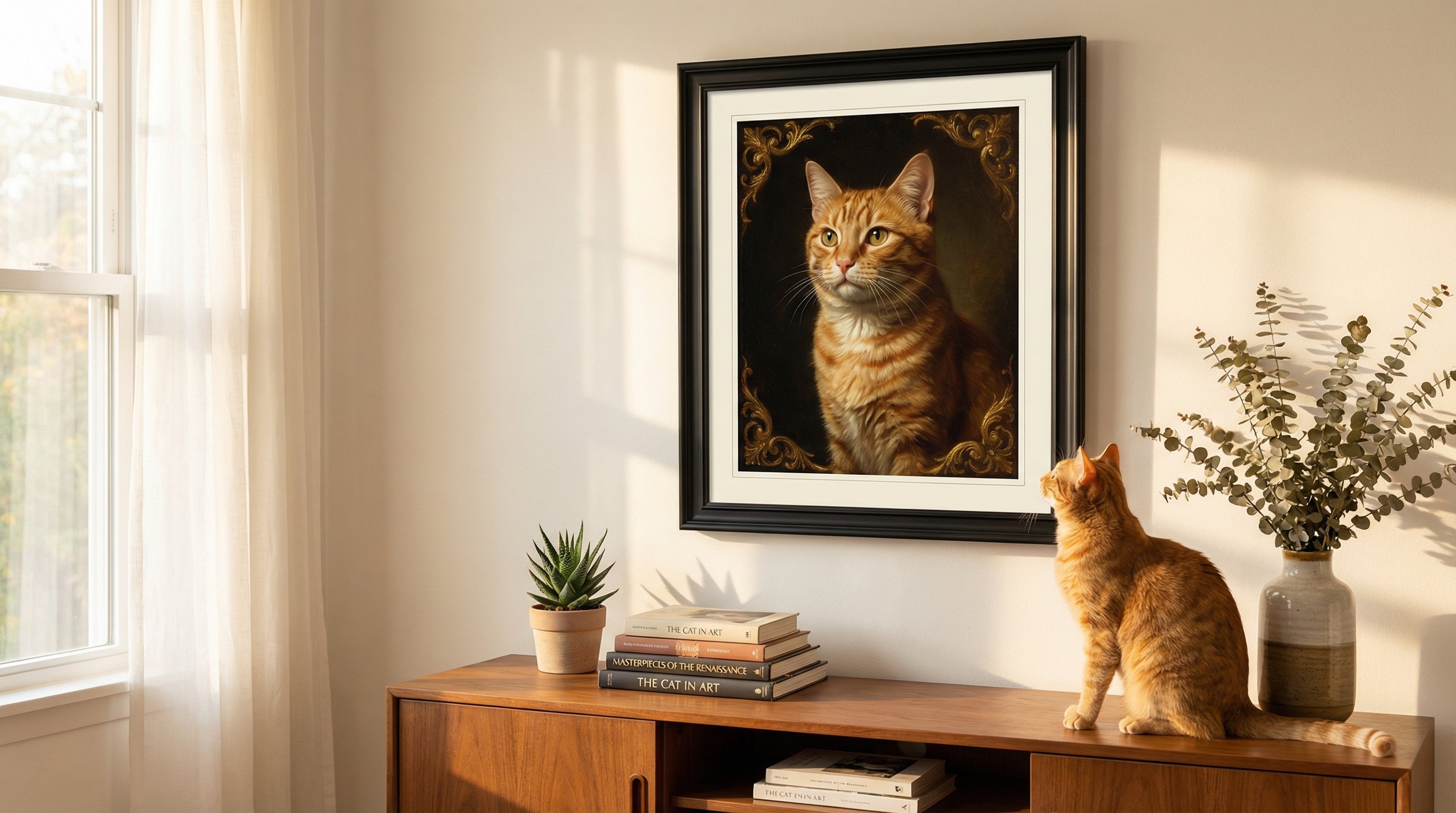 Framed Renaissance-style custom cat portrait on a living room wall with the real cat nearby.