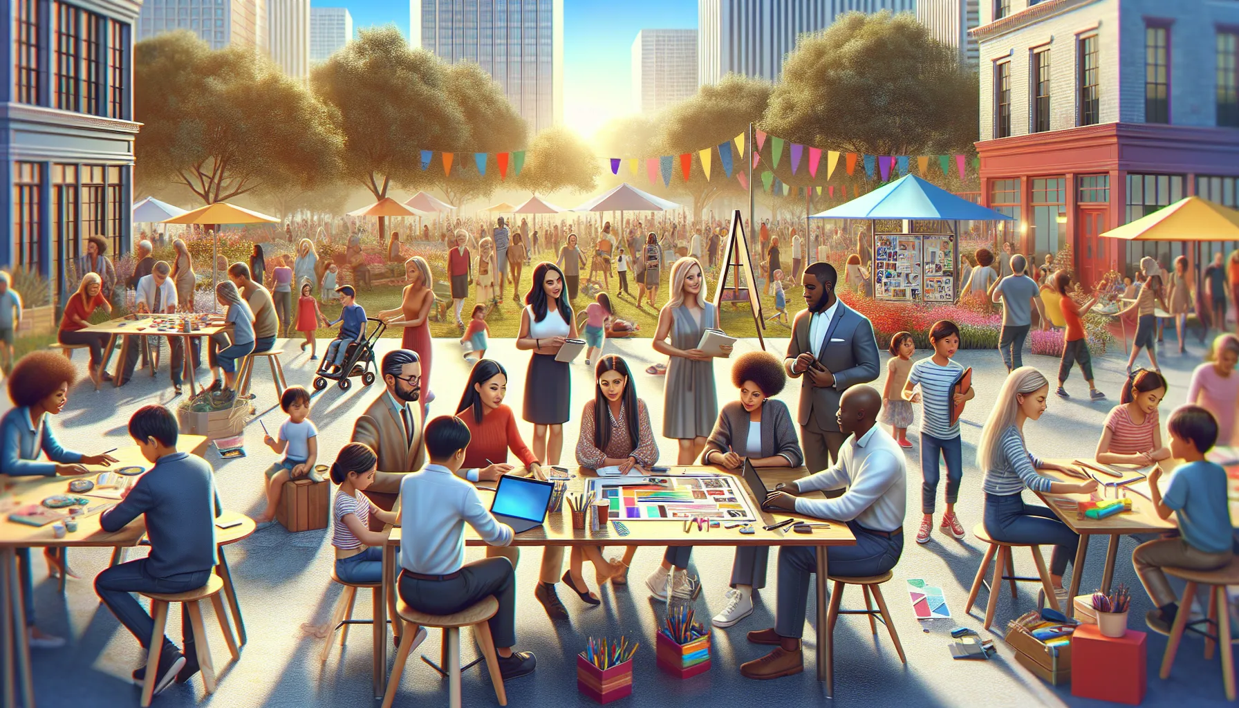 diverse community gathering engaging in arts and technology activities.