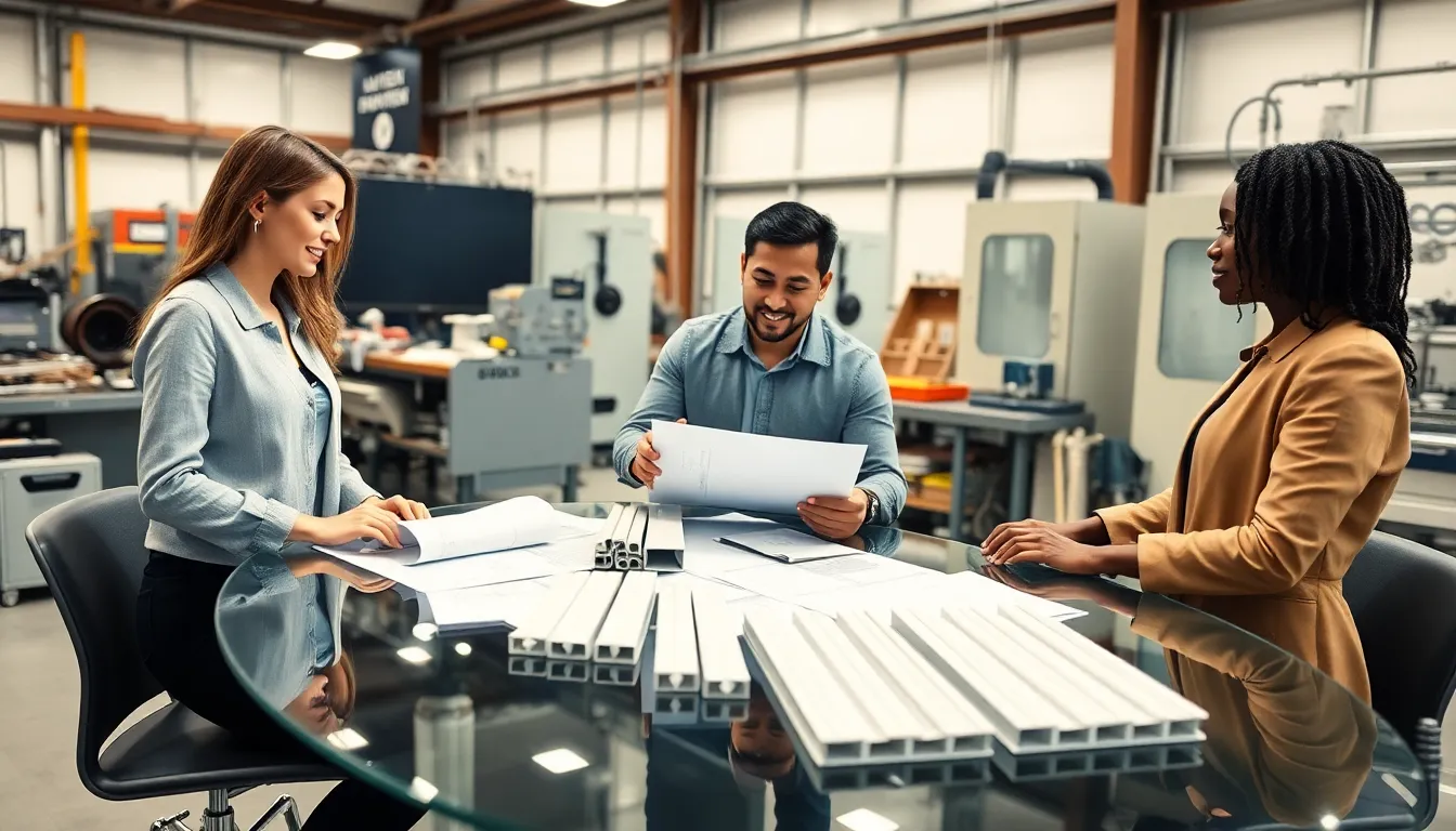 engineers collaborating on aluminum profile design in a modern workspace.