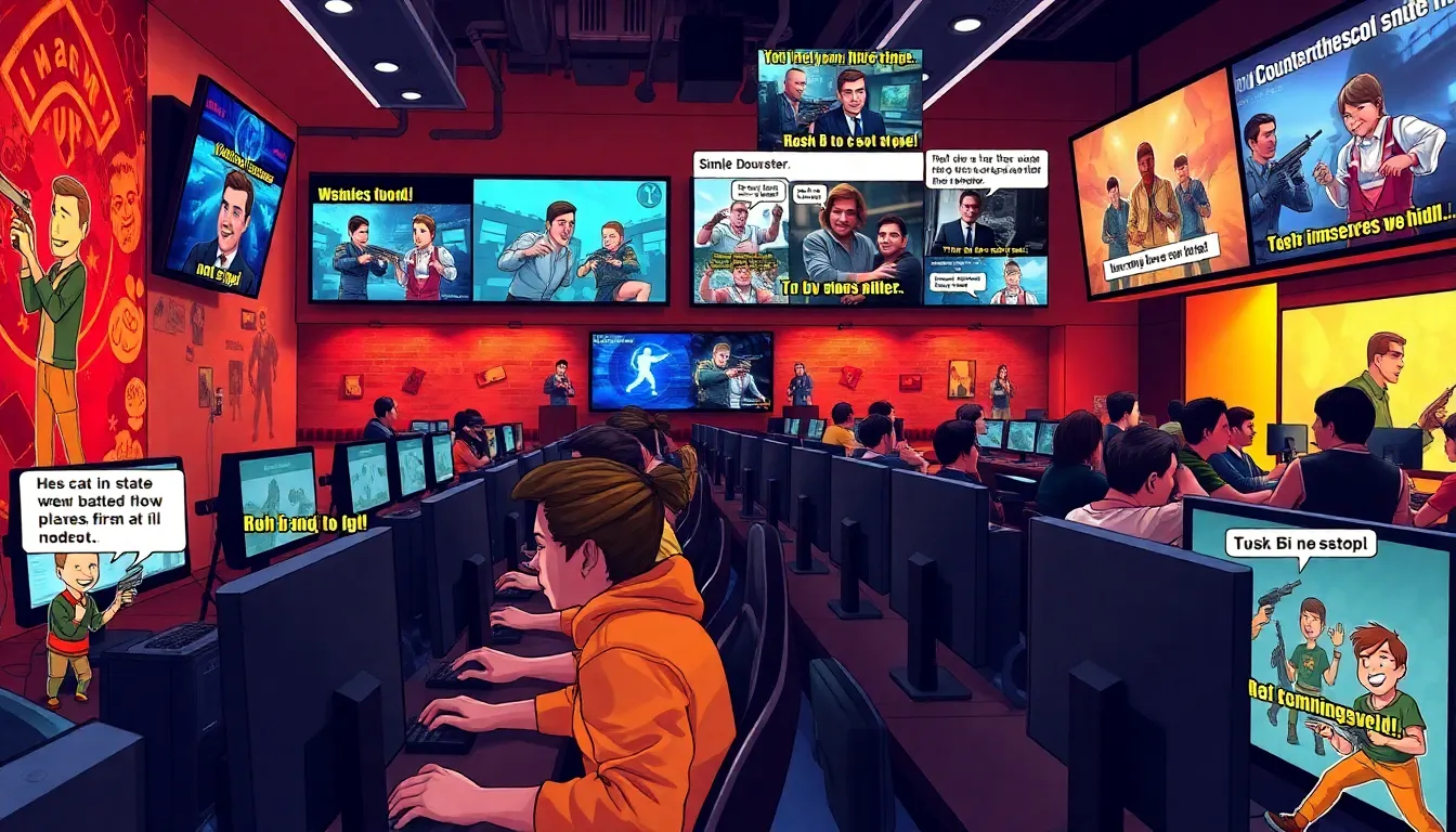 collage of Counter Strike memes with diverse gamers in a modern setting.