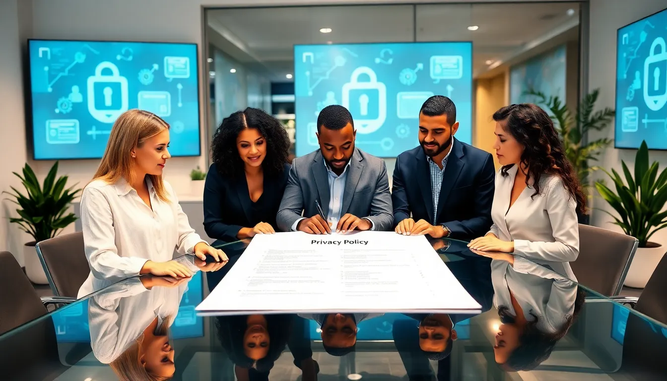 diverse team discussing a privacy policy in a modern office.