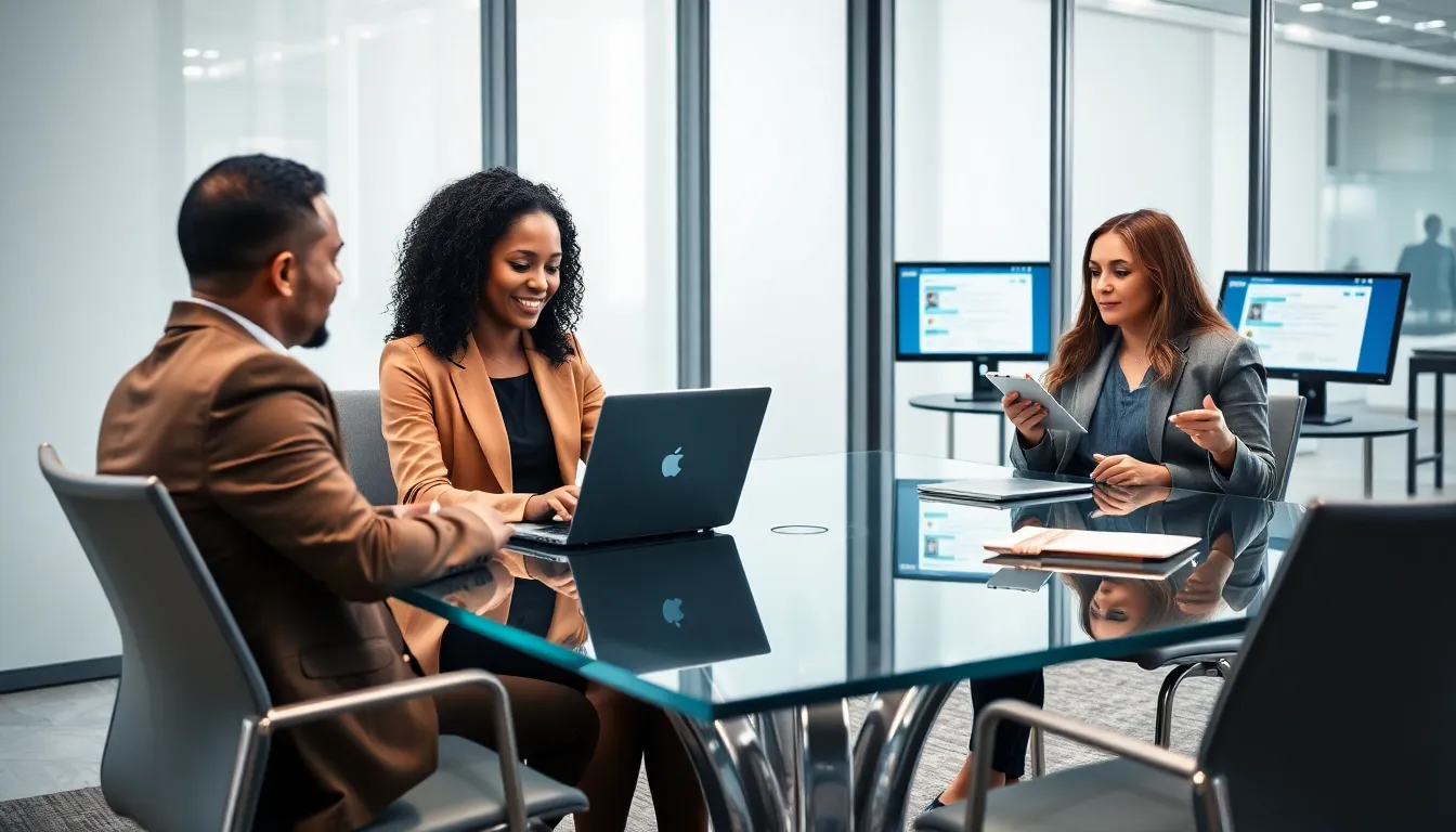 diverse team discussing email services in a modern office.