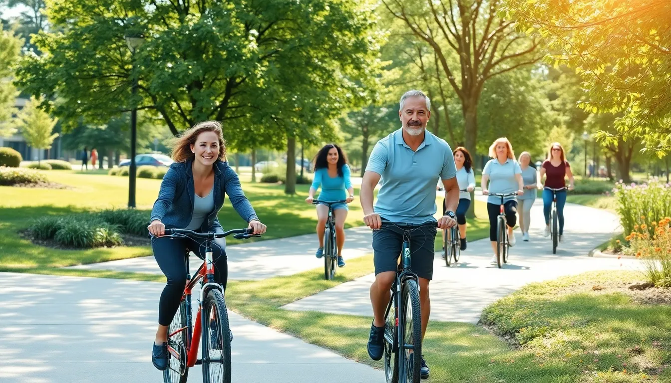 diverse individuals cycling and walking in a sunny urban park.