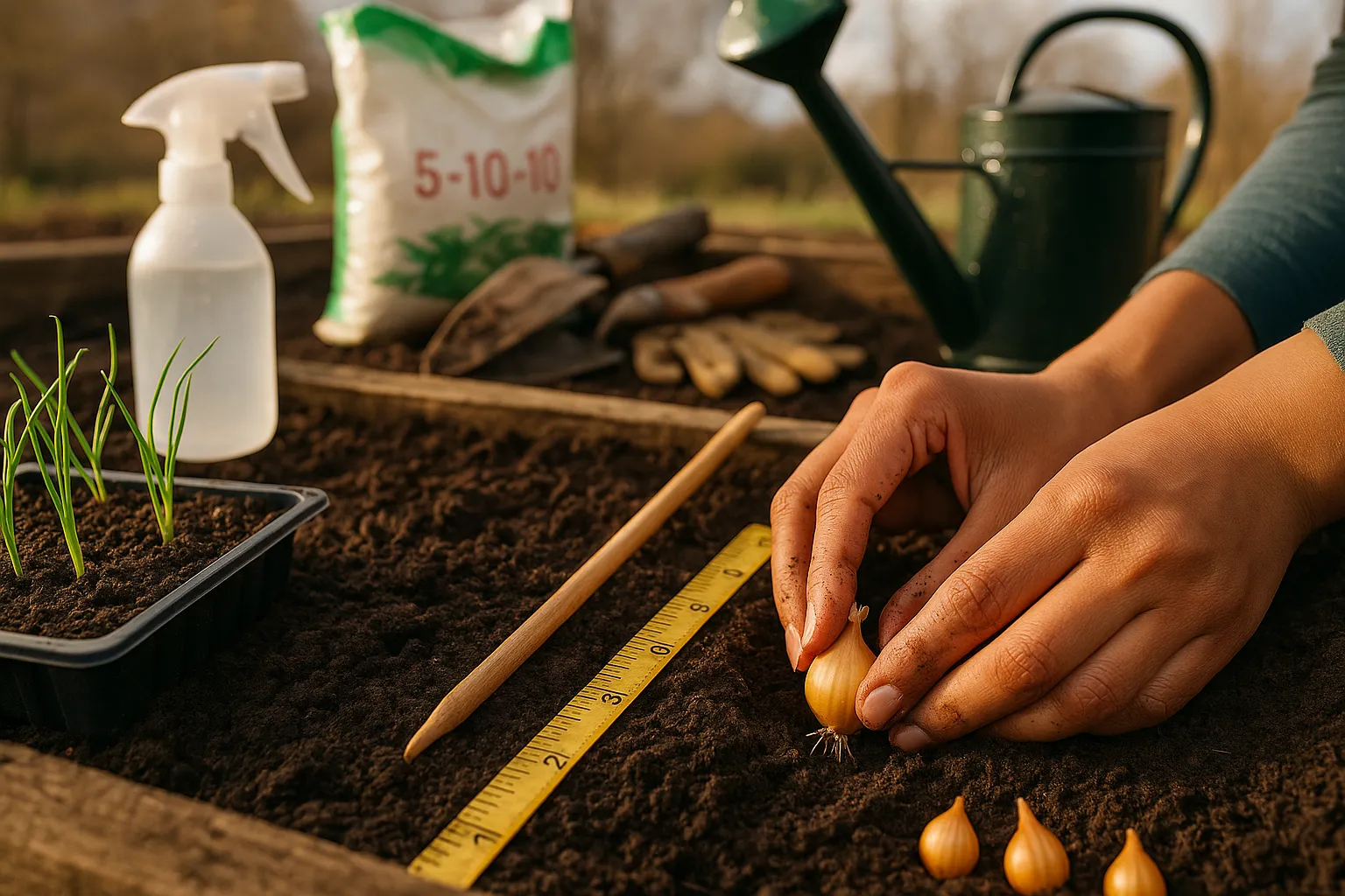 Hands planting onion sets in a raised bed beside a tray of seedlings.