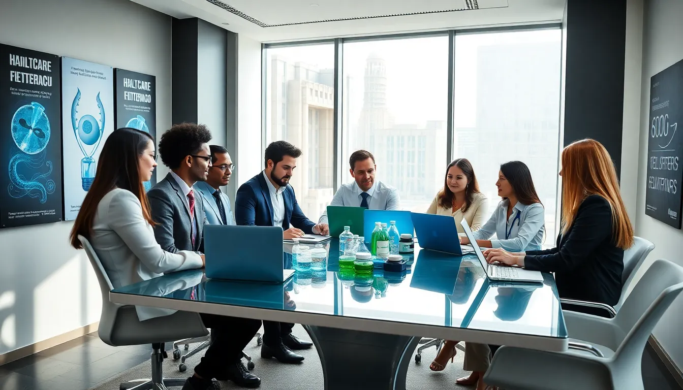 diverse biotech sales team collaborating in a modern office.